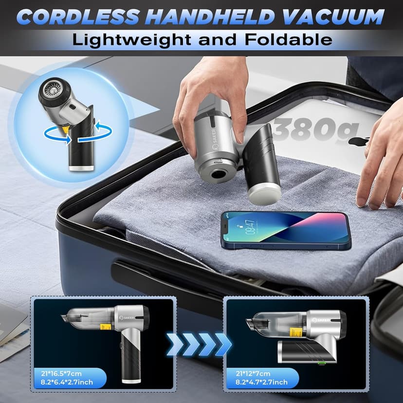 Saker Handheld Car Vacuum Portable Cordless17000PA Mini Vacuums Rechargeable Foldable Vacuum Cleaner with Brushless Motor for Gifts Home,Office Pet and Father's Day HL132 Black