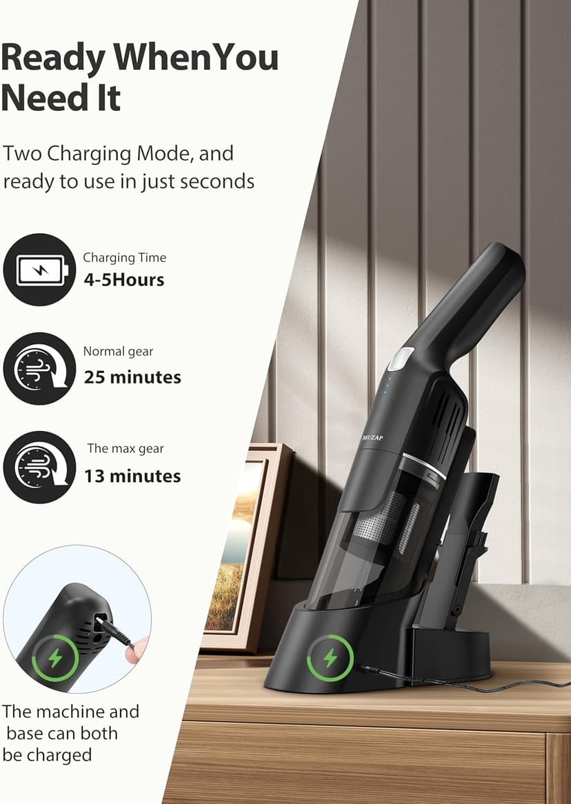 Handheld Vacuum Cordless,15KPA Powerful Car Vacuum,Last 30 Minutes,Rechargeable+Charging Base,500ML Detachable Dust Cup,1.4lb Lightweight,2-in-1 Cleaning Brush,Clean Kitchen,pet Hair,car,Black