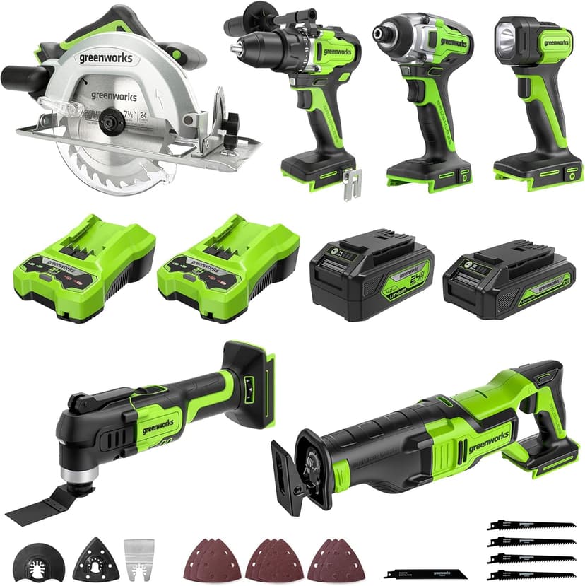 Greenworks 24V 6-pcs Combo Kit: 24V Hammer Drill, Impact Driver, Multi-Tool, Flashlight, Reciprocating Saw & Circular Saw, Includes 3 * 2.0Ah Batteries & (2) Chargers