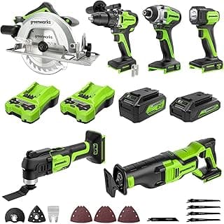 Greenworks 24V 6-pcs Combo Kit: 24V Hammer Drill, Impact Driver, Multi-Tool, Flashlight, Reciprocating Saw & Circular Saw, Includes 3 * 2.0Ah Batteries & (2) Chargers