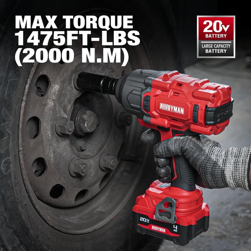 Alloyman Cordless Impact Wrench, 1475Ft-lbs (2000N.m) 1/2 High Torque Brushless Impact Gun, 20V Power Impact Driver, 4000mAh Battery,3 Sockets, Brushless Motor Variable Speeds for Car/Truck RV/Mower