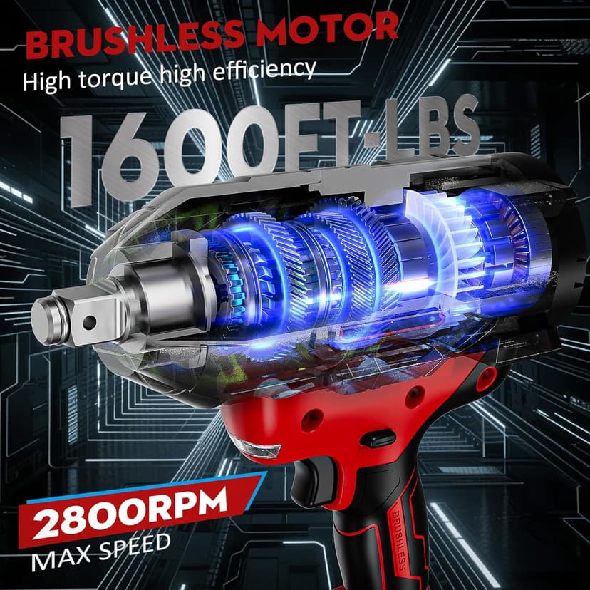 Cordless Impact Wrench 1600Ft-lbs - 2100N·m High Torque Impact Gun with 2 * 4.0Ah Battery - 3/4 Inch Brushless Impact Driver with 3/4" to 1/2" Adapter & 5 Sockets & Case for Car Truck Home