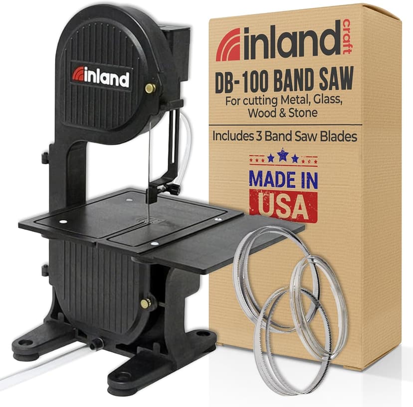 Inland Craft DB-100 Band Saw Machine for Cutting Stained Glass, Stone, Plastic, Wood, Metal, Corals - Band Saws for Woodworking, Metal Cutting Bandsaw - Includes THREE Blades - Black