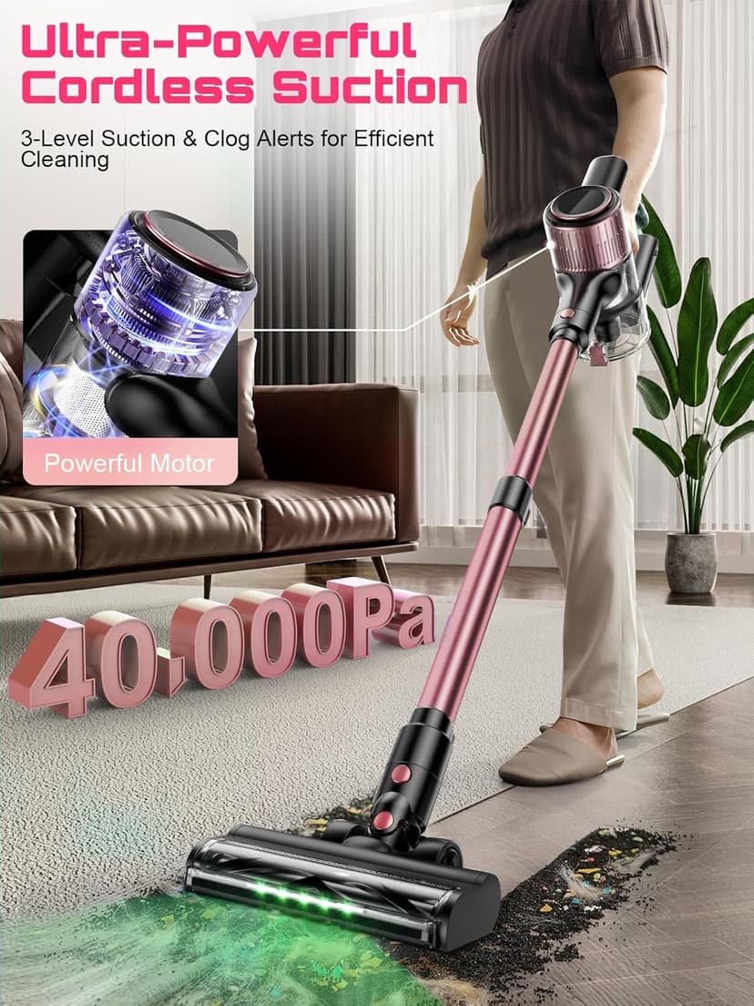 Cordless Vacuum Cleaner, 10 in 1 Stick Vacuum with Powerful Suction, Hose, Green LED Light, Anti-Tangle Brush, Lightweight Rechargeable Vacuum Cleaner for Home, Hardwood Floors, Carpets, Pet Hair,Pink
