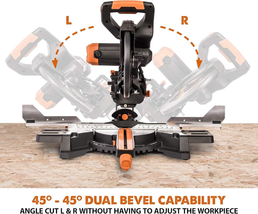 Evolution Power Tools R255SMS-DB+ 10-Inch Dual Bevel Sliding Miter Saw Multi-Material, Multipurpose Cutting Cuts Metal, Plastic, Wood 45˚-45˚ Double Bevel & 50˚-50˚ Miter TCT Blade Included