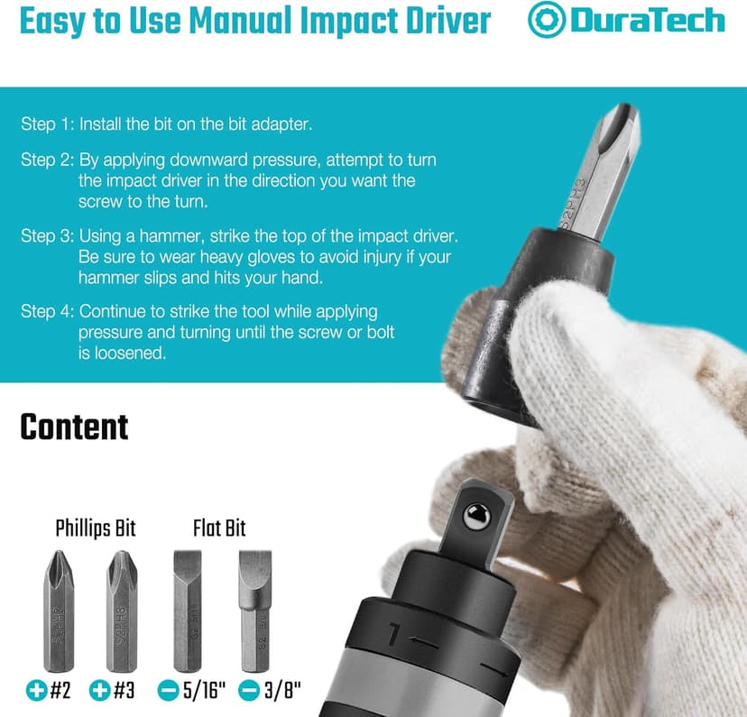 DURATECH 3/8 Inch Drive Manual Impact Driver, Reversible Hand Screwdriver Set, with S2 Steel Bits, 5-Piece, for Tighten/Rusted Fasteners, Organized in Storage Case