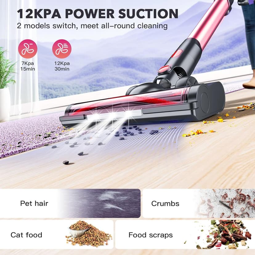 Cordless Vacuum Cleaners for Home with Powerful Suction,Stick Vacuum Cordless Rechargeable,Up to 35 Mins Runtime,Lightweight Hardwood Floor Vacuum for Pet Hair,Carpet(Light Red)