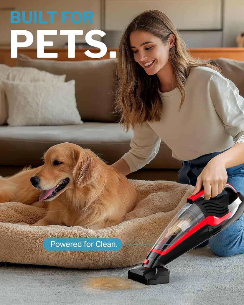 Pet Hair Handheld Vacuum, Car Vacuum Portable Cordless Rechargeable with Reusable Filter and Motorized Brush for Carpet, Couch & Stairs, Red, 17.4"X 4.6"X 6.6"