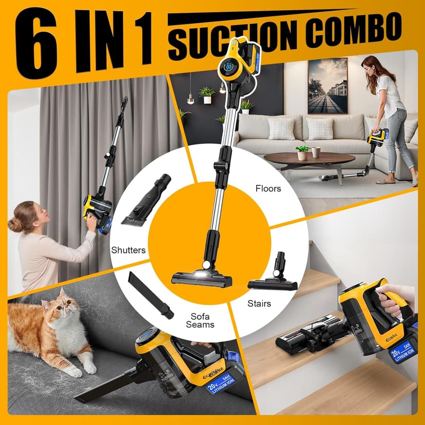 Cordless Stick Vacuum Cleaner Compatible with DeWalt Battery, 350W Brushless Motor, 30KPa Suction, 6-in-1 180° Bendable Wand, Smart Screen 2x5AH Batteries & Charger – Hardwood Floors