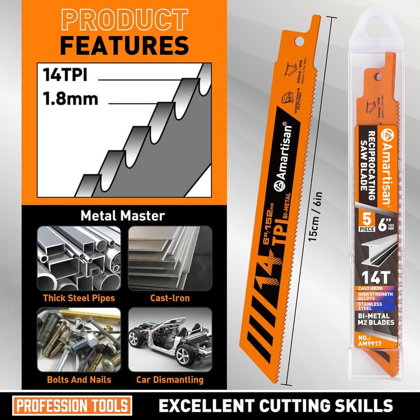 AMARTISAN 5-Piece 6 Inch 14TPI Heavy Metal Cutting Reciprocating Saw Blades,Suitable for Metal Cutting, Pipes, and Steel Bars