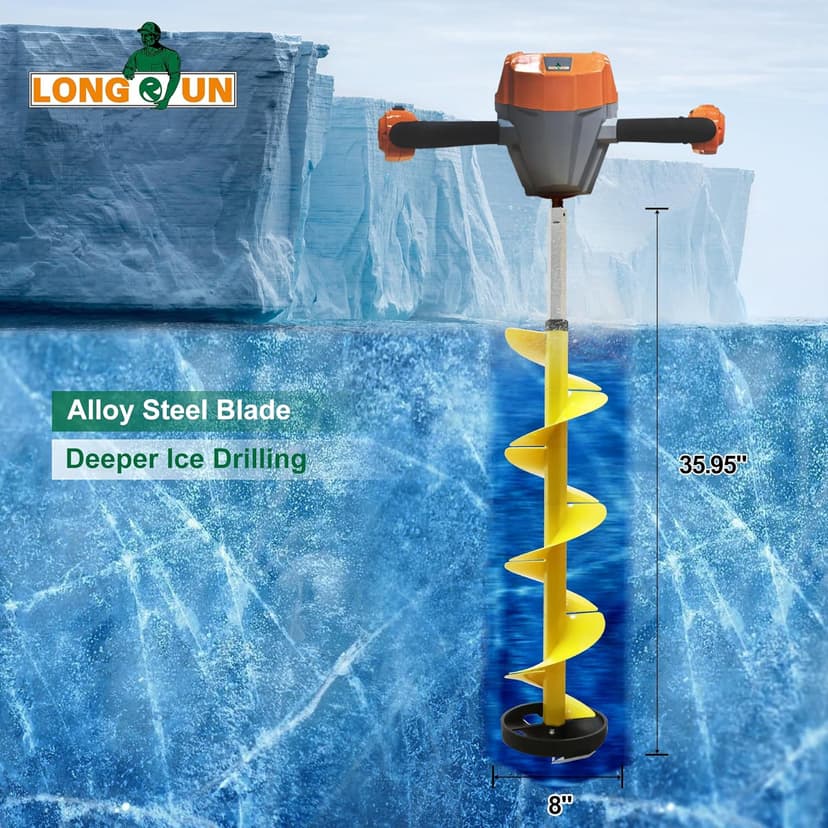 Nylon 8 Inch Ice Auger, 35.95 Inch Extended for Drilling Deep Ice Fishing Holes, Durable Polymer Auger Drill Bit for Ice Post Hole Digger w/Sharp Blade & Cover, Ice Auger Adapter with Handle-Yellow