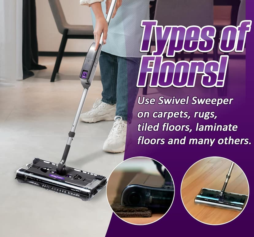Swivel Sweeper Max - Cordless Electric Floor and Carpet Sweeper with Rotating Brush for Efficient Cleaning, Quad Brush Technology- Purple