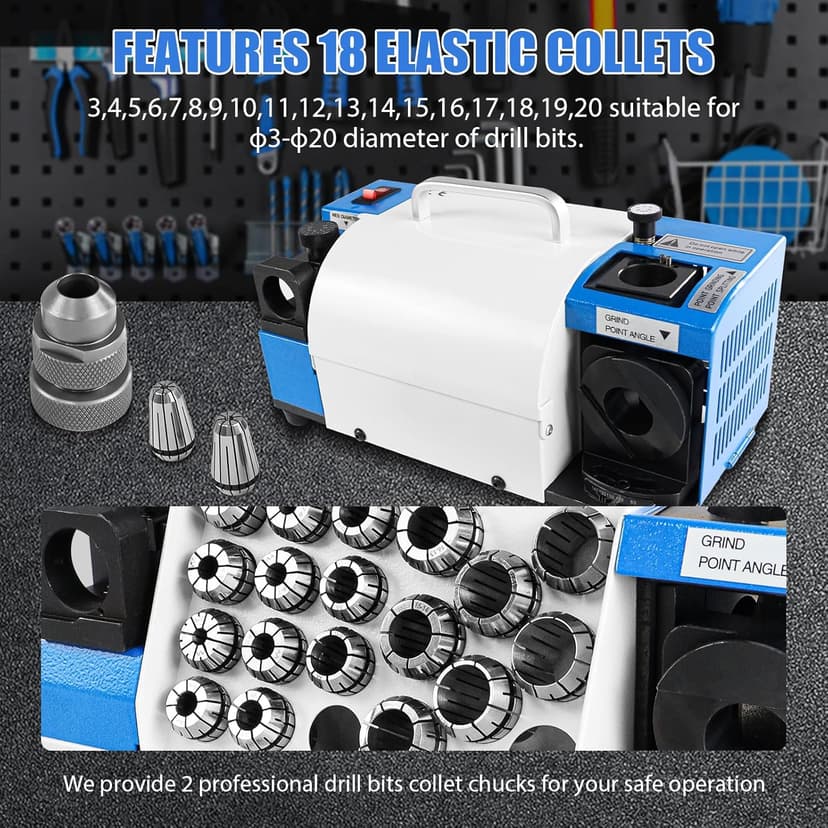 Drill Bits Sharpener, 3-20mm Drill Bit Grinding Machine, Lip Relief Angle & 95°-135° Point Angle Adjustable Drill Bit Re-Sharpener, Portable Bits Sharpening Machine with 18 Collets, CBN & SDC Wheel