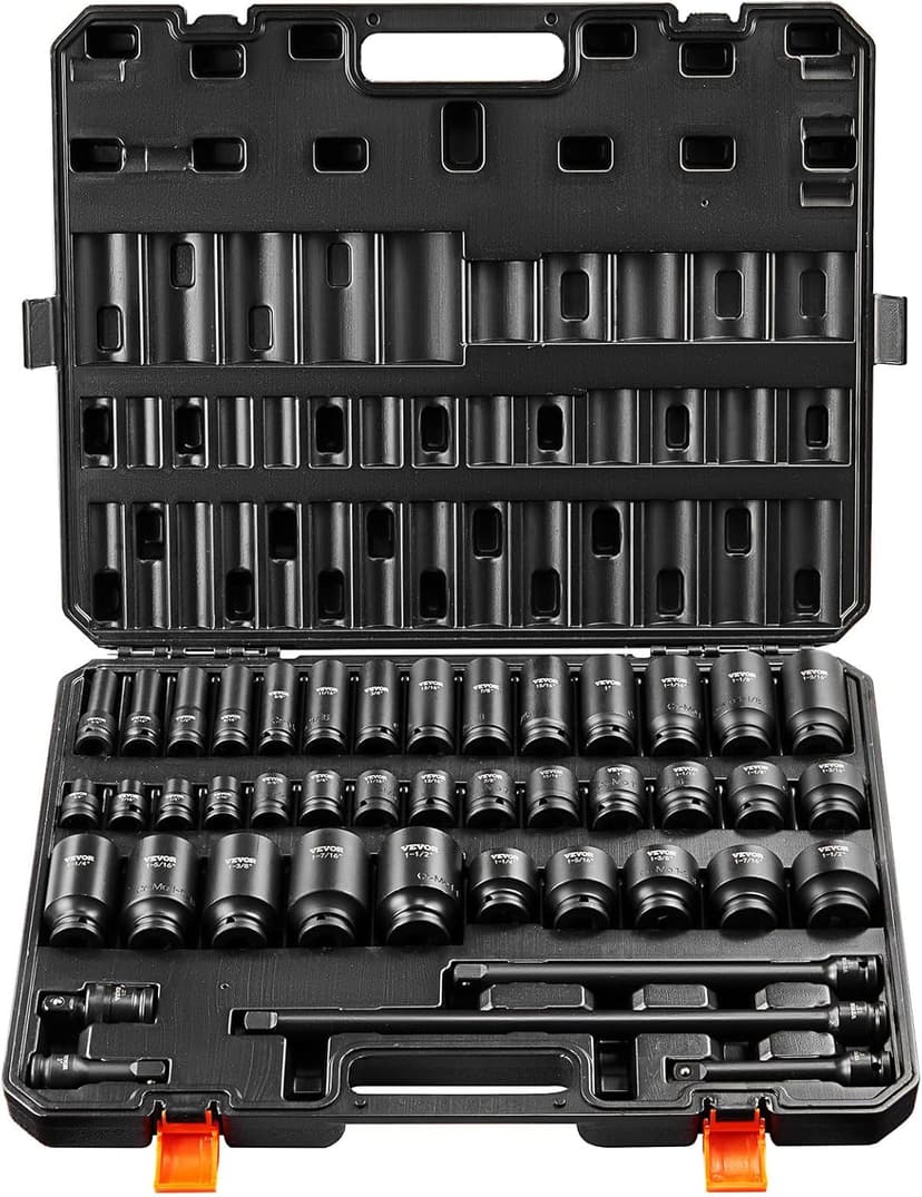 VEVOR Impact Socket Set 1/2" Socket Set 43 Piece Deep & Shallow SAE 3/8" to 1-1/2", 6 Point Cr-Mo Alloy Steel for Auto Repair, Easy-to-Read Size Markings, Rugged Construction, Storage Case