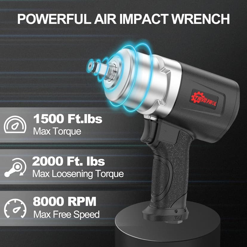 Air Impact Wrench 1/2" - 1/2 Inch Impact Gun 1/2 Drive, 1500Ft-lbs, 8000RPM High Torque Impact Wrench, Weight 4.74 lb, 1/2 Air Impact Gun for Auto Repair, Tire Shop