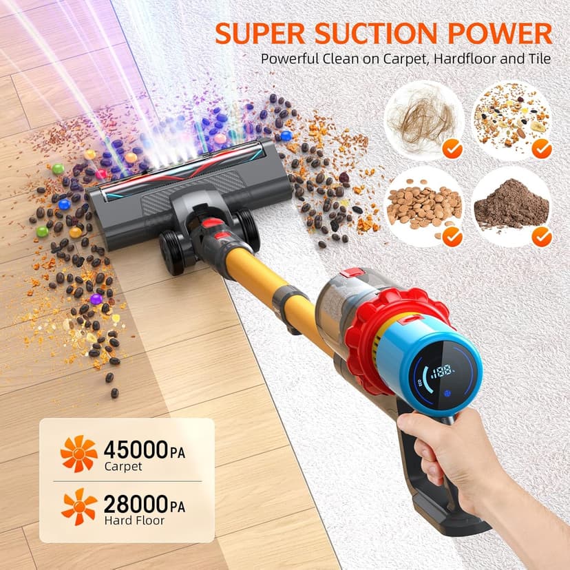 Cordless Vacuum Cleaner,550W 70Mins Powerful Suction Stick Vacuum, Anti-Tangle, Lightweight Vacuum Cleaner for Home with LED Screen, Rechargeable Vacuum Cordless for Carpet/Pet Hair/Hard Floor