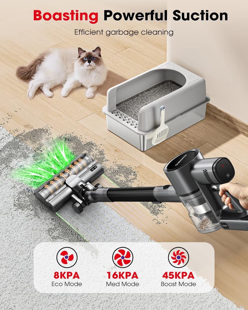 Cordless Vacuum Cleaners for Home, 45KPA Powerful Suction, Up to 60 Minutes, Tangle-Resistant, Lightweight, Rechargeable Stick Vac with Wall Mount for Carpet, Tile, Pet Hair, Hardwood Floors