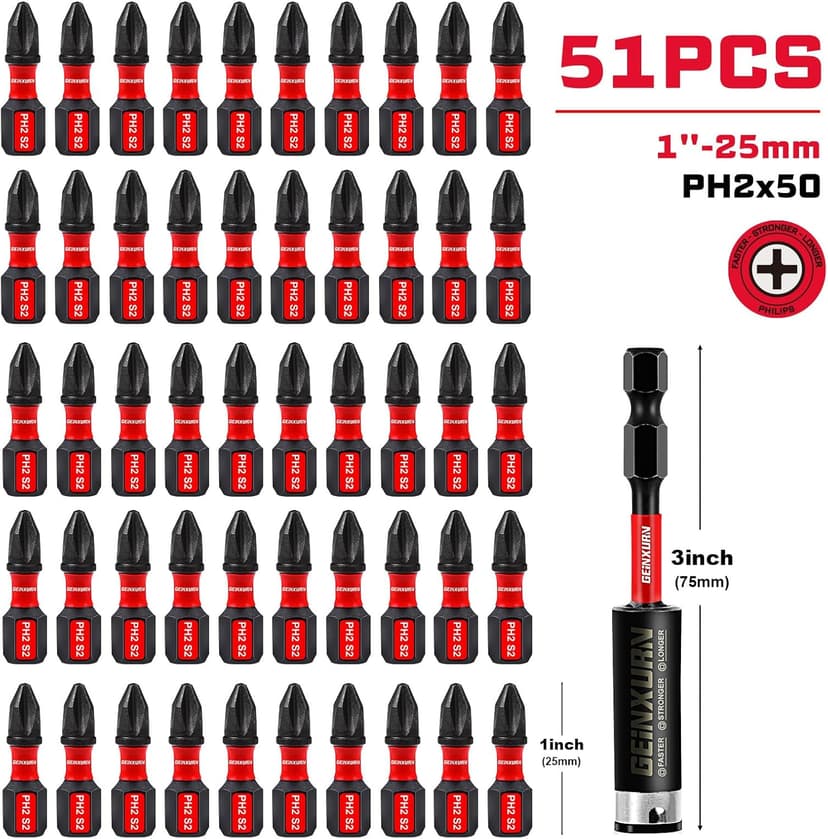 Impact Tough #2 Phillips 1 in. Insert Driver Bits,50Pack PH2 Screwdriver Bits Set with 1Pcs Impact Bit Holder,Bulk
