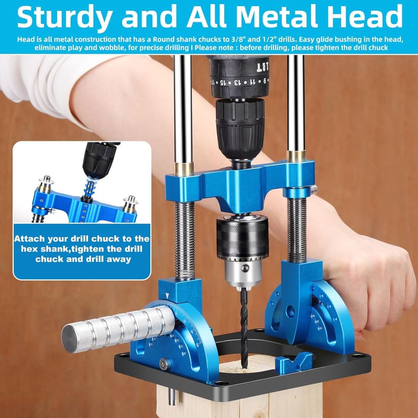 Portable Drill Guide, Multi Angle Drill Guide for Straight Holes, Self-Centering Pins, Drilling Jig w/Chuck & Key, Adjustable Angle from 0° to 60°, Chuck Clamping Range for 1/16-1/2" (1.5-13mm)
