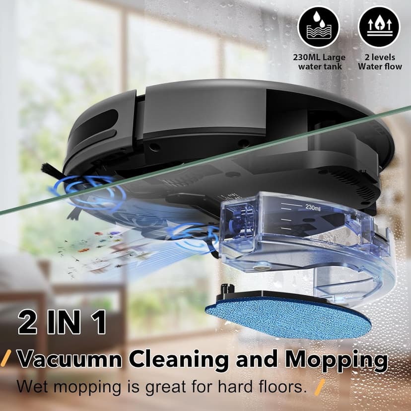Robot Vacuum and Mop Combo, 2 in 1 Mopping Robot Vacuum Cleaner Compatible with WiFi/App, Robotic Vacuum Up to 2300Pa Suction, Self-Charging, Slim, Ideal for Hard Floor, Pet Hair, Low Pile Carpet