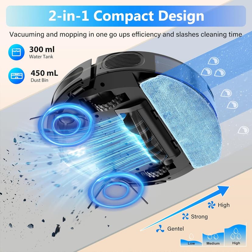 Tikom Robot Vacuum and Mop Combo, 5000Pa Robotic Vacuum Cleaner, 150 Min Max, App & Remote Control, Idear for Hard Floor, Carpet, Pet Hair, Self-Charge(G8000 Max)