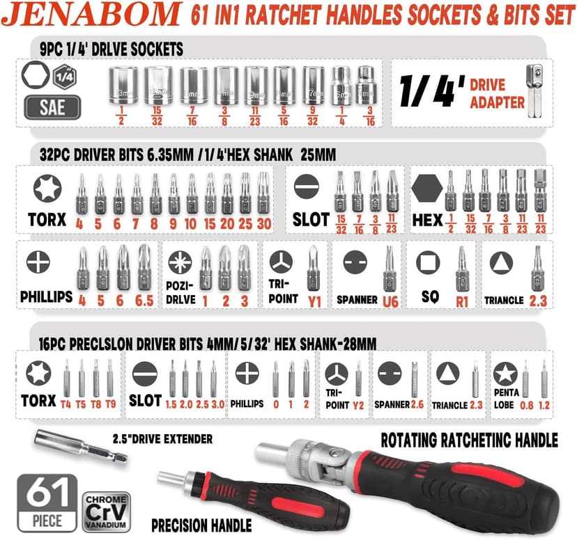61 in 1 Ratcheting Screwdriver Set, Magnetic Screwdriver Bit Set with Rotatable Ratchet Handles, Sockets & Bits, Household Repair Tool Kits for Computers, Electronic Devices, Furniture