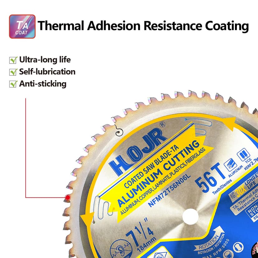 Aluminum Cutting Circular Saw Blade,Medium Aluminum,Laminate,Melamine,Plastic, Flooring Cutting, The Cutting Head uses a Special Anti-Heat Sticking Coating,NFM 7-1/4 inch 56-Tooth 5/8" -TA