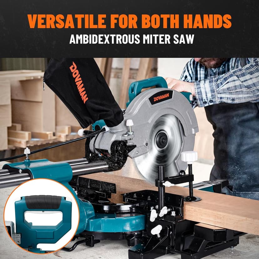 DOVAMAN Updated 10-Inch Sliding Miter Saw, Multi-Material Cutting w/ 3 x TCT Blades, Ambidextrous Operation, 5000/3200RPM Speed, Laser Guide, 0-45° Bevel Cut, Max Cut 3.5x13.4in, 9 Positive Stops