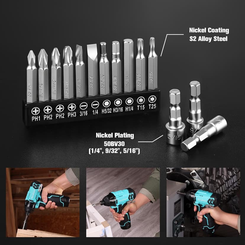 DURATECH 12V Cordless Impact Driver, 1/4” Electric Impact Driver with 11pcs Screwdriver Bits, 3pcs Nut-driver Bits, Variable Speed(0-2400RPM), LED Light, Tool Bag, Battery and Charger Included