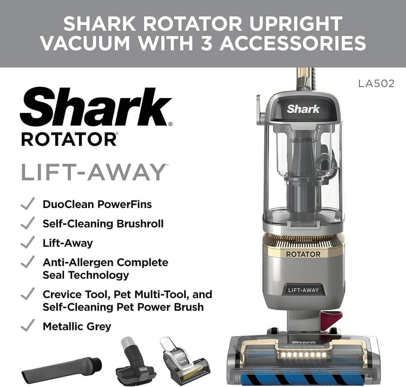Shark | Upright Vacuum Cleaner for Home | Rotator Lift-Away | No Hair Wrap | HEPA Filter | Lightweight Bagless Vacuum for Pet Hair | LED Headlights For Carpets & Hardwood Floors | Silver | LA502