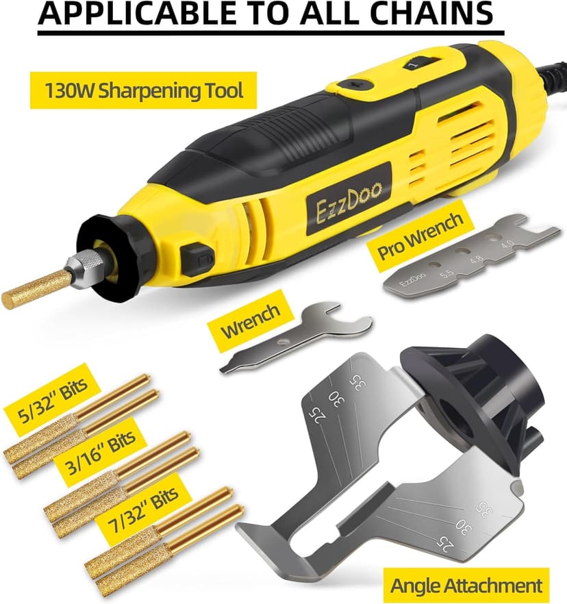 Electric Chainsaw Sharpener Kit with TITANIUM-COATED Diamond Bits - High-Speed Chain saw Sharpener Tool and 6 High Hardness Sharpening Wheels For All Chainsaw Chains.