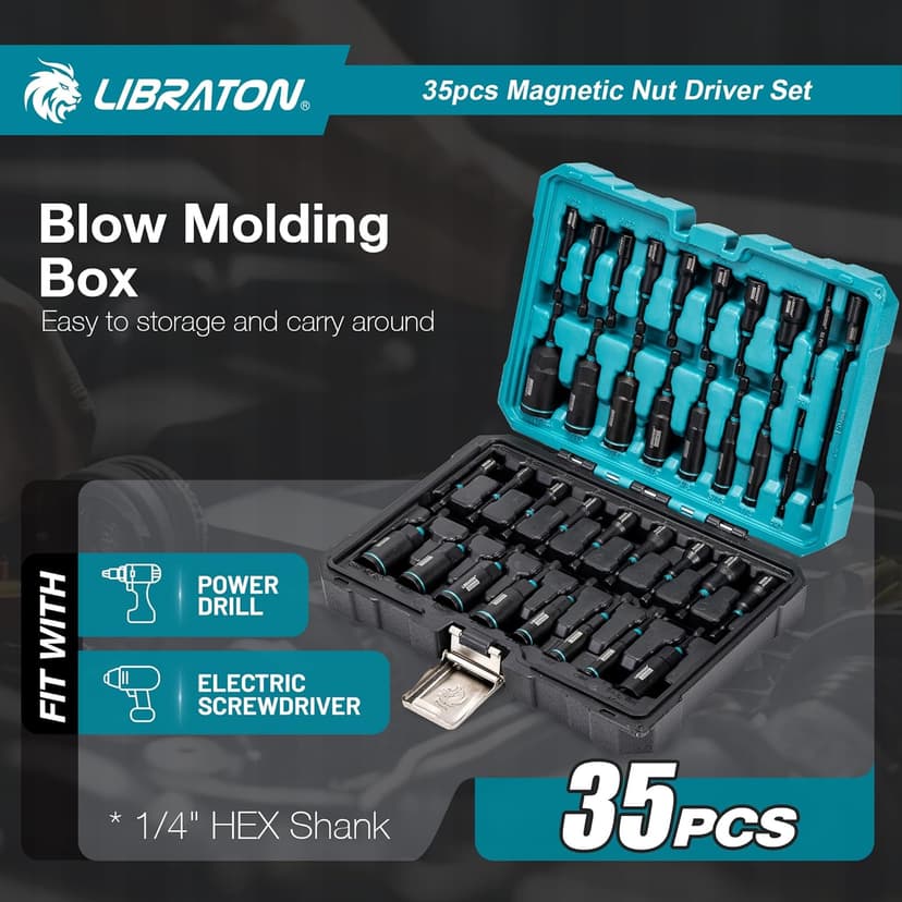 LIBRATON Magnetic Nut Driver Set, 35PCs Impact Driver Bit Set, Deep Nut Driver Set, Metric & SAE Nut Driver for Impact Drill, Wing Nut Driver, Quick-release Bit Holder, Drill Bit PH1 PH2, with Toolbox