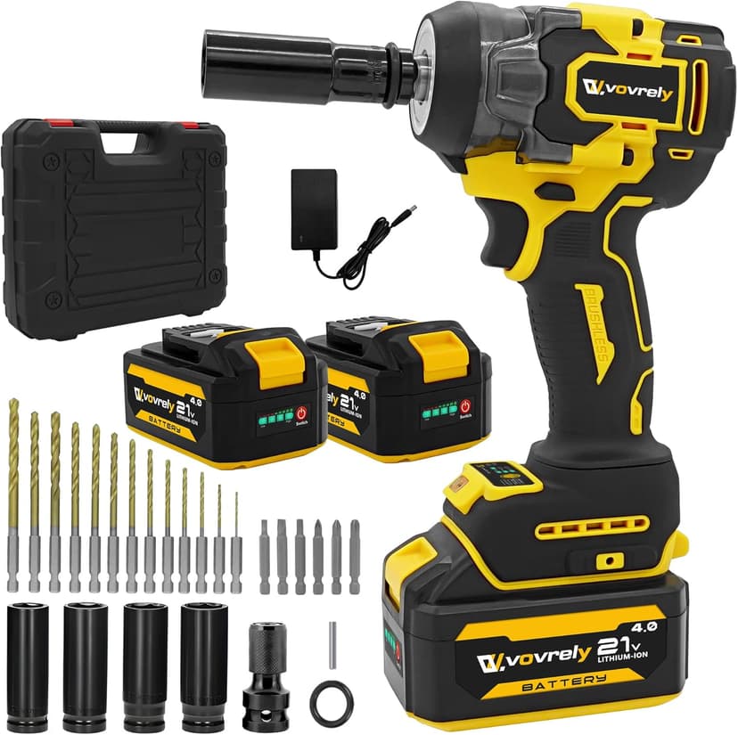 Cordless Impact Wrench 480 Ft-lbs(650N.m) High Torque 1/2 Inch, 3300RPM Brushless Electric Impact Gun, 2 * 4.0Ah Battery 4 Sockets 19 Drill Bits, 3 In 1 Impact Wrench for Car Home DIY