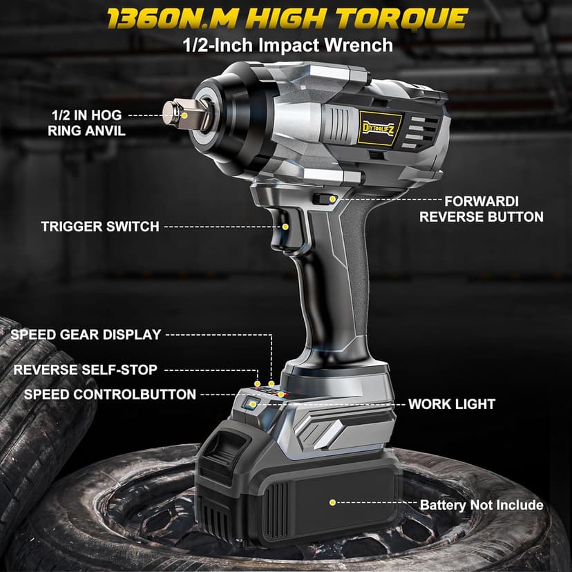 Cordless Impact Wrench 1/2 inch Compatible with DeWalt 20v Battery, 1000Ft-lbs(1360N.m) High Torque Impact Driver with 4-Modes, LED Light, Electric Impact Gun for Car/Truck/Mower(Bare Tool)