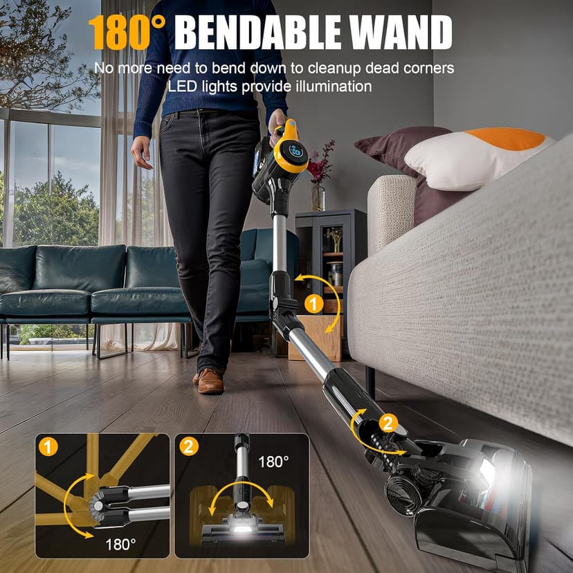 Cordless Stick Vacuum Cleaner Compatible with DeWalt Battery, 350W Brushless Motor, 30KPa Suction, 6-in-1 180° Bendable Wand, Smart Screen 2x5AH Batteries & Charger – Hardwood Floors