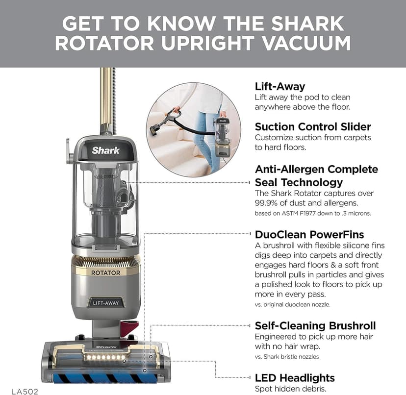 Shark | Upright Vacuum Cleaner for Home | Rotator Lift-Away | No Hair Wrap | HEPA Filter | Lightweight Bagless Vacuum for Pet Hair | LED Headlights For Carpets & Hardwood Floors | Silver | LA502
