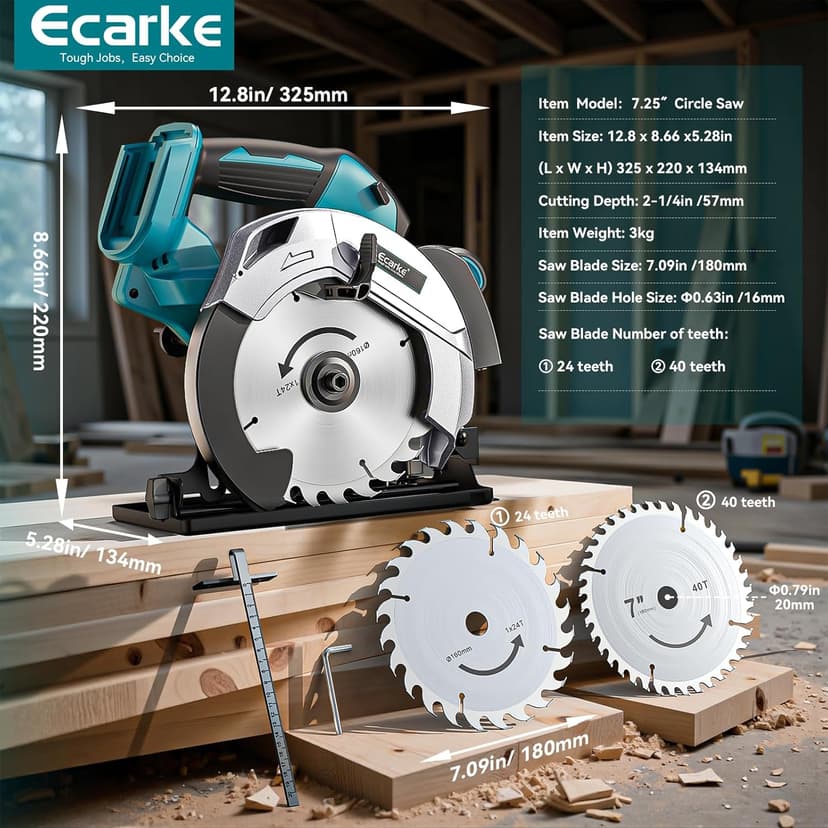 Ecarke Cordless Circular Saw 7-1/4" Compatible with Makita 18v Battery, 5000RPM Electric Circular Saw with Laser Guide, 2 Blades(24T & 40T), 0-45° Bevel Cutting, Max 2-1/4" Depth for Wood(Tool Only)