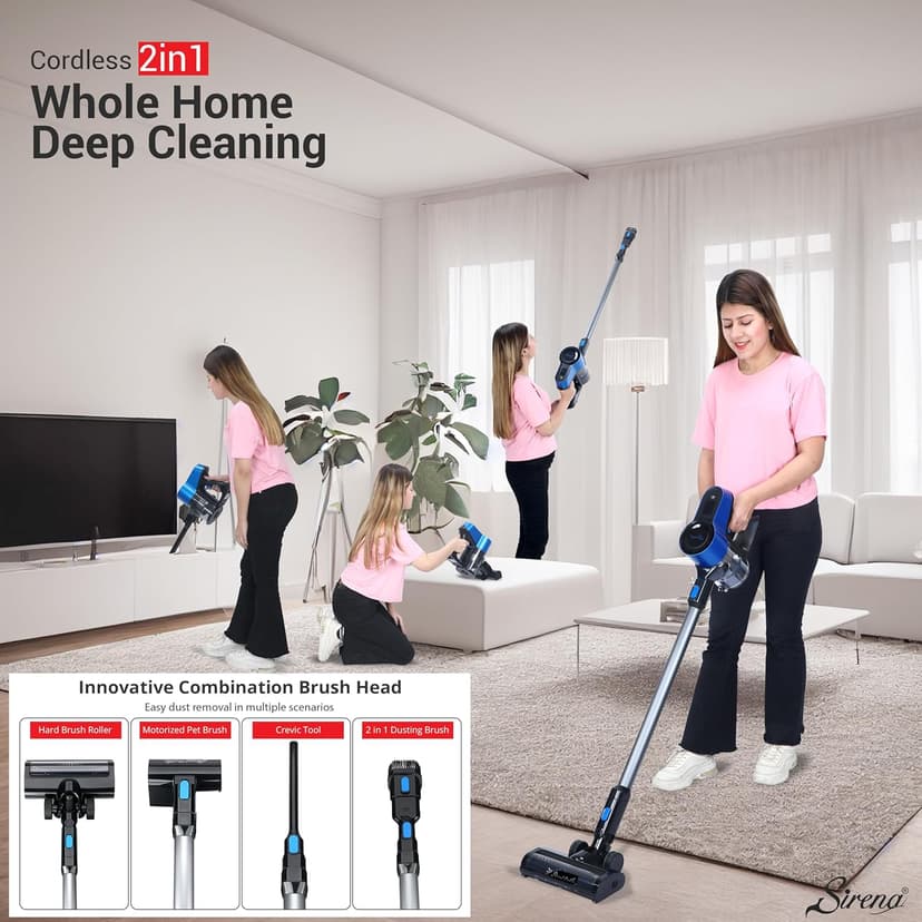 Sirena Proflex PetVac 2-in-1 Cordless Stick Vacuum Cleaner with Motorized Pet Brush for Pet Hair Removal, Multi-Surface Cleaning, and Portable Convenience