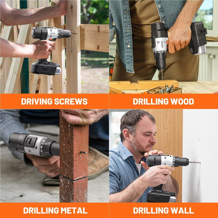 Litheli 20V Cordless Drill Driver, Electric Power Drill with 2 Variable Speed Settings, 1/2 Inch Keyless Chuck, 21+1 Clutch Settings with Maximum Torque of 443 In-lbs (Charger not Included)