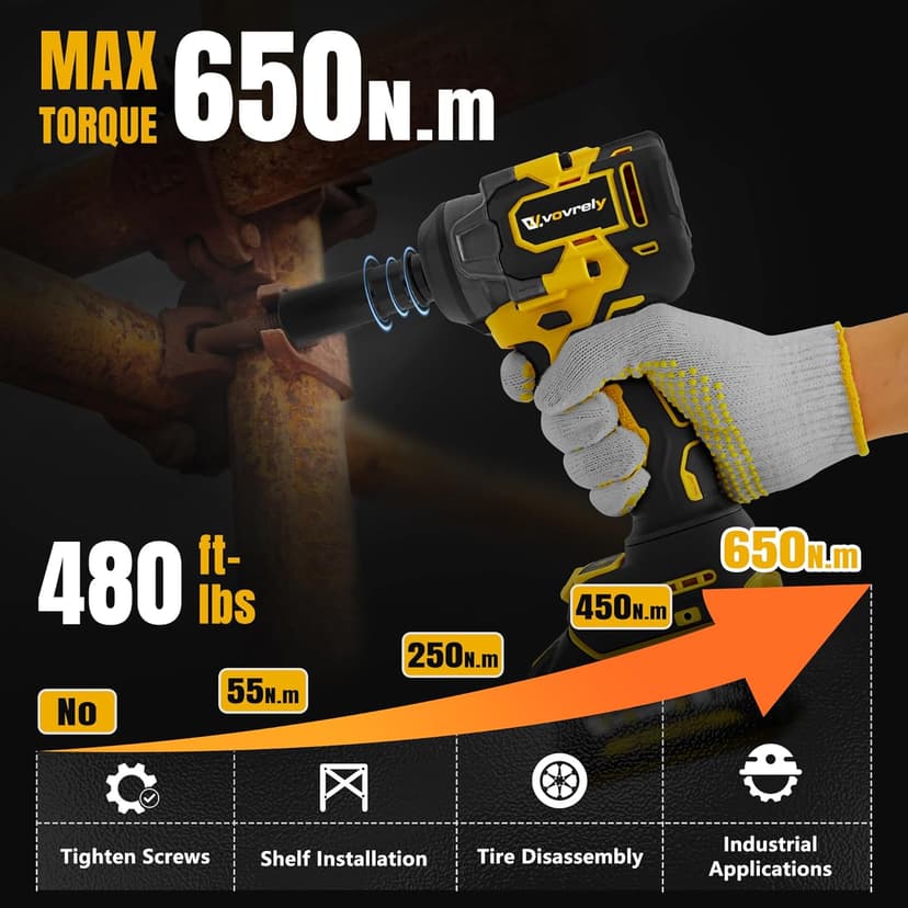 Cordless Impact Wrench 480 Ft-lbs(650N.m) High Torque 1/2 Inch, 3300RPM Brushless Electric Impact Gun, 2 * 4.0Ah Battery 4 Sockets 19 Drill Bits, 3 In 1 Impact Wrench for Car Home DIY