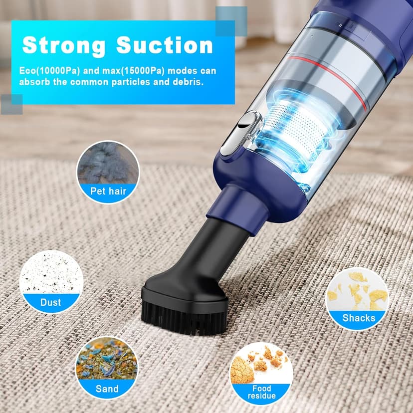 Handheld Vacuum Cordless - Car Vacuum Cleaner with Brushless Motor, 15000Pa Strong Suction with LED Light, Type C Cable, 2 Fliters, Portable Hand Vacuum for Car, Home, and Office