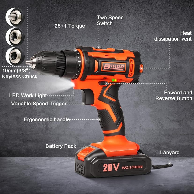 20v Drill Driver Set,Cordless Drill with Battery and Charger,LED Tools Kit,25+1 Torque Setting and 43pcs Drill Bits