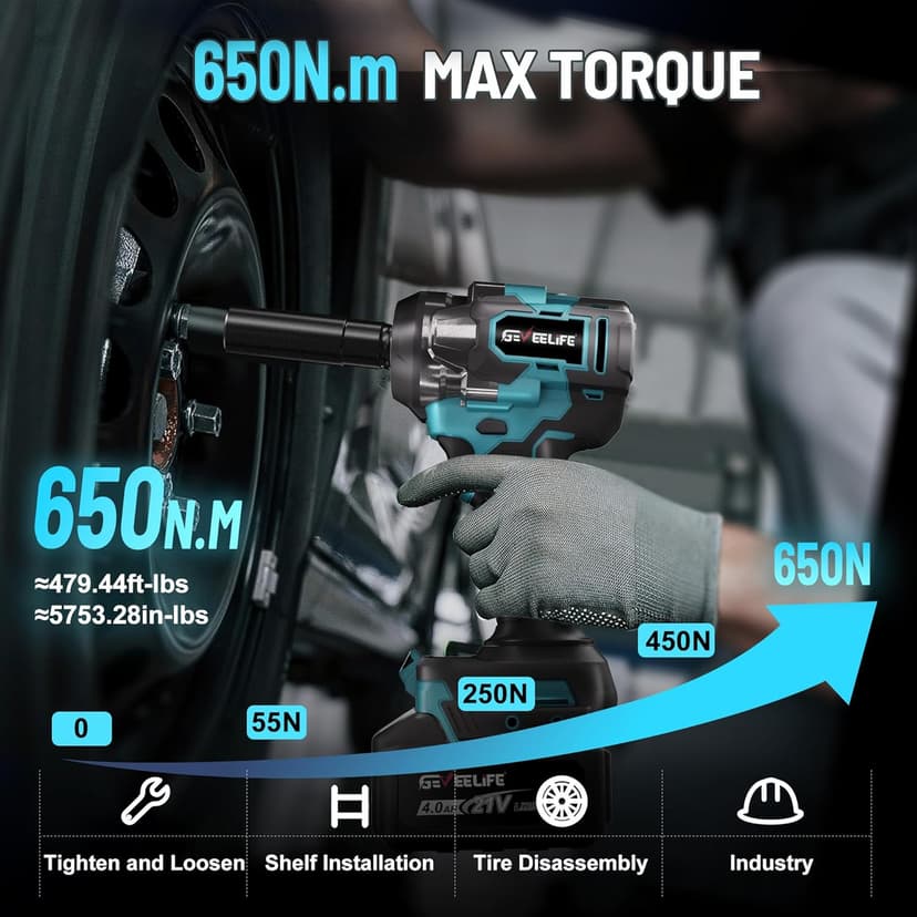GEVEELIFE 650N.m/480Ft-lbs Brushless Impact Wrench,1/2" Cordless Impact Gun w/ 2x4.0Ah Battery & 6 Sockets, 3300RPM Power Electric Impact Driver for Car/DIY Furniture/Lawn Mower, Blue Toolbox