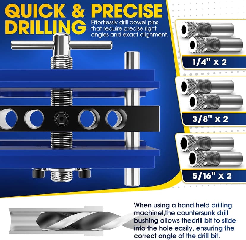 Self Centering Doweling Jig Kit, Drill Jig For Straight Holes Biscuit Joiner Set With 6 Drill Guide Bushings, Adjustable Width Drilling Guide Power Tool Accessory Jigs (Blue)