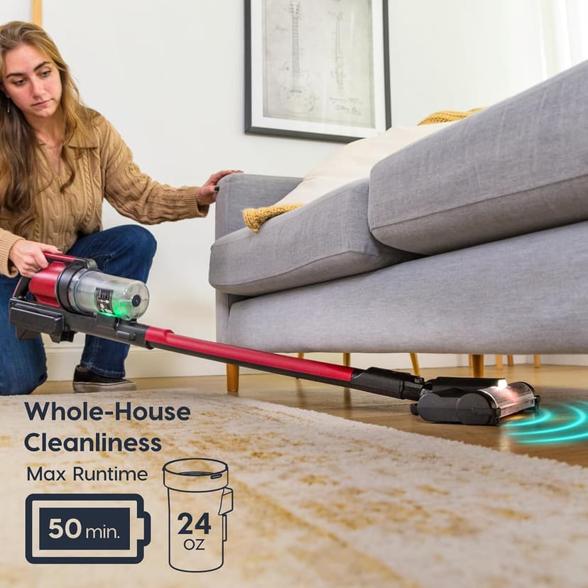 Cordless Vacuum Cleaner, 11-inch Powerhead, Self-Standing Design, Fast Charging, 50-Minute Runtime, LED Dust Sensor, Red
