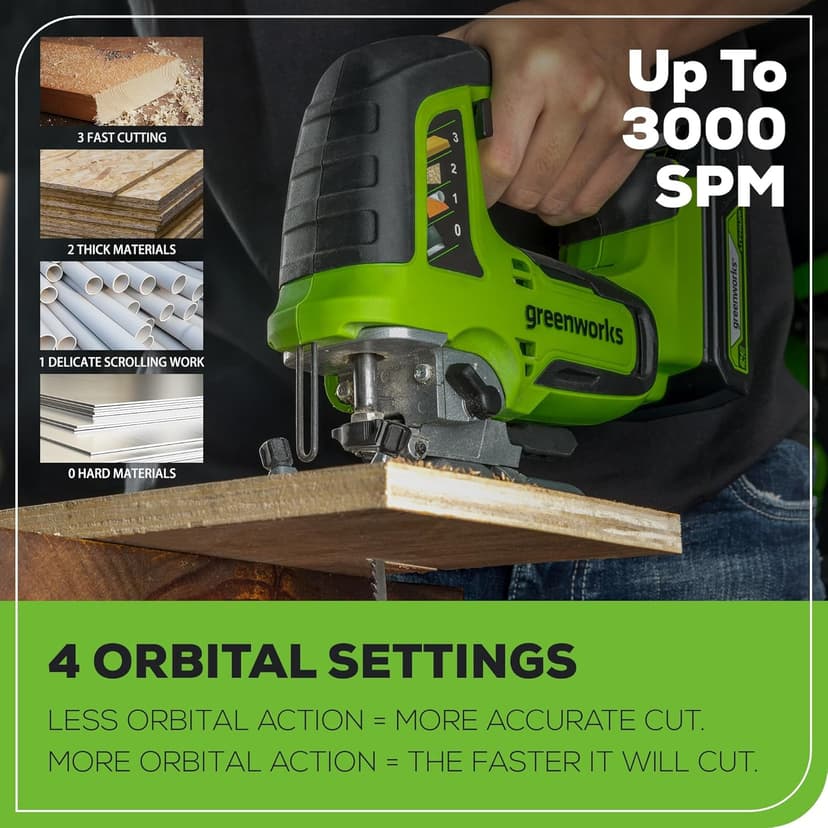 Greenworks 24V Brushless Cordless Jig Saw,3000 SPM,1 Inch Stroke Length Jigsaw with 6PCS Blades,4 Orbital Settings,45 Degree Cutting Angle,Tool-Free Blade Changing