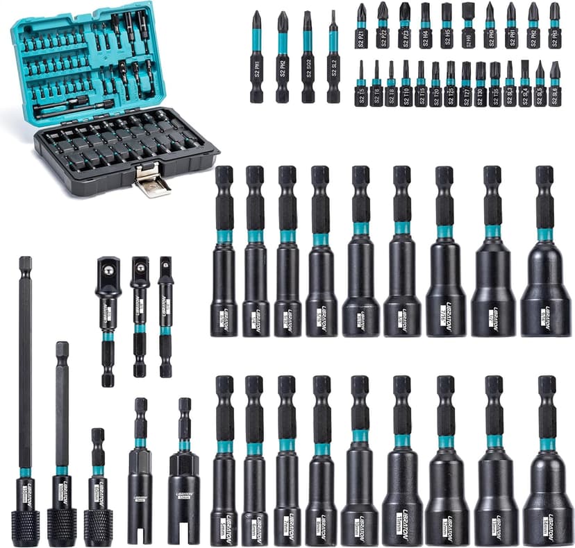 LIBRATON 54PCS Magnetic Nut Driver Set, Impact Drill Driver Bit 1/4", Metric & SAE Nut Drivers for Impact Drill, Socket Adapters, Screwdriver Bit, Quick-Release Extension, Wing Nut Driver, Storage Box
