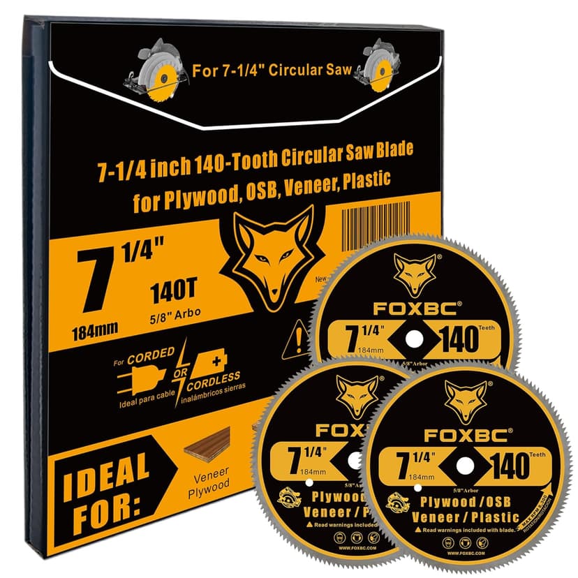 FOXBC 7-1/4 Inch 140 Tooth Fine Finish Carbon Circular Saw Blade for Plywood, OSB, Plastic, Veneer, Vinyl Wood Cutting with 5/8-Inch Diamond Arbor