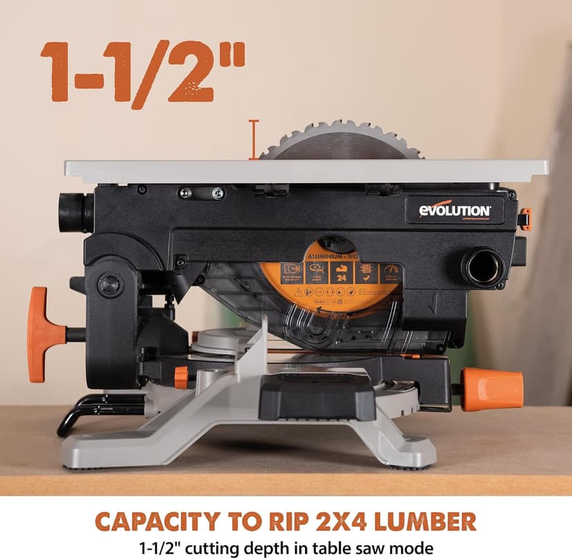 Evolution R8MTS | 8-1/4” Convertible Miter/Table Saw | Multi-Function Saw | 0-45° Bevel & +/- 45° Miter | Multi-Material Cutting: Wood, Plastic, Metal | Compact, Powerful 12A Motor | TCT Blade Incl