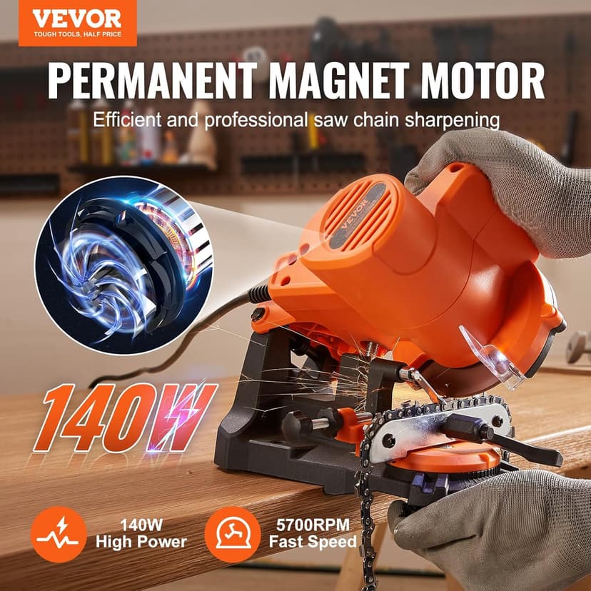 VEVOR Electric Chainsaw Sharpener, 140W Electric Saw Chain Blade Sharpener 5700RPM, Professional Bench Chain Saw Sharpening Tool with 3 Grinding Wheels Fit 0.25" to 0.404" Pitch Chains